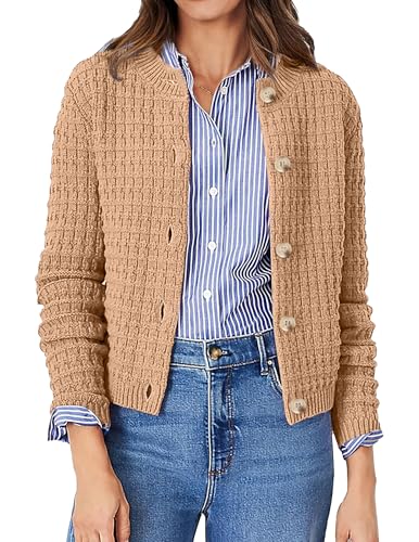 Women's Cute Waffle Knit Button Sweater Cardigans Fall 2024 Dressy Casual Lightweight Crewneck Long Sleeve Cardigan
