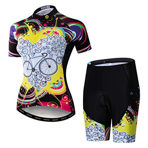 WeimoMonkey Women's Short Sleeve Cycling Jersey Quick Dry MTB Clothing Bike Top + 3D Shorts Set Bicycle Multicolor L