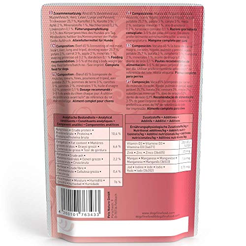 dogz finefood Hundefutter nass - N° 2 Rind - Feinkost Nassfutter für Hunde & Welpen - getreidefrei & zuckerfrei - hoher Fleischanteil, 12 x 100 g Beutel