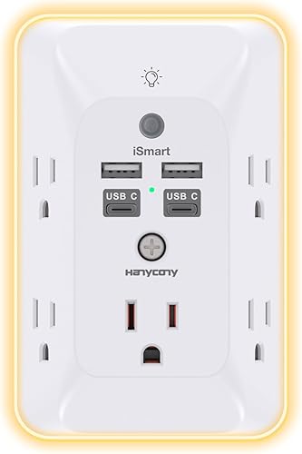 Toma de corriente múltiple, extensor de salida con 4 puertos USB (2 USB C) y luz nocturna, protector de sobretensiones 1050J, montaje en pared,