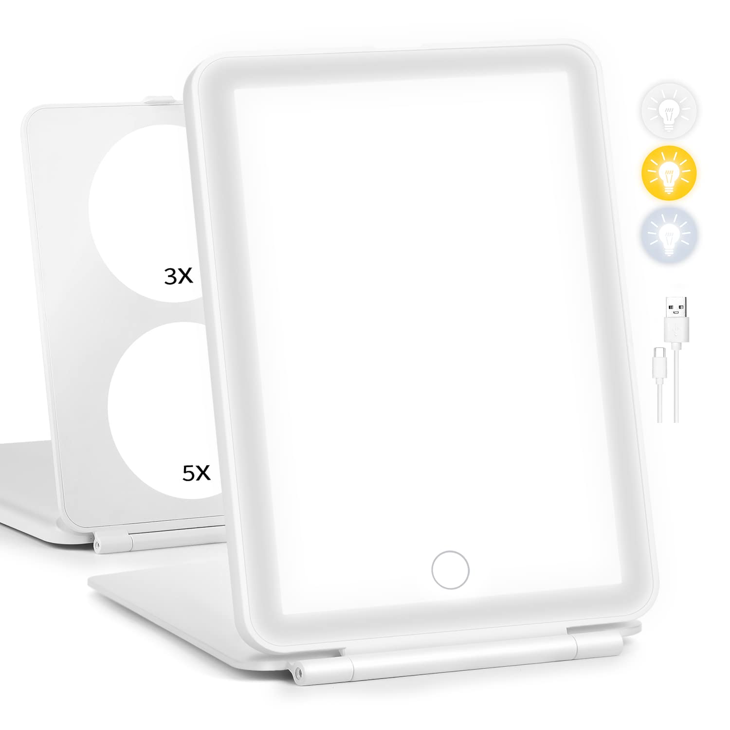 Tkaufen Travel Size Magnifying Lighting Mirror, 21Hours Battery Life, 5X/3X/1X Compact Hand Held Portable Foldable Makeup Cosmetic Mirror, 3 Color Light (White, 2 Fold)