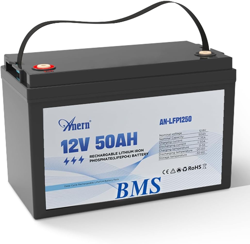 Anern Rechargeable Batterie LiFePO4 12V 50Ah 640Wh avec BMS 4000+ Cycles Batterie Lithium Prend en Charge la Connexion 4S4P Camping-Car, kit Panneau Solaire, Camping