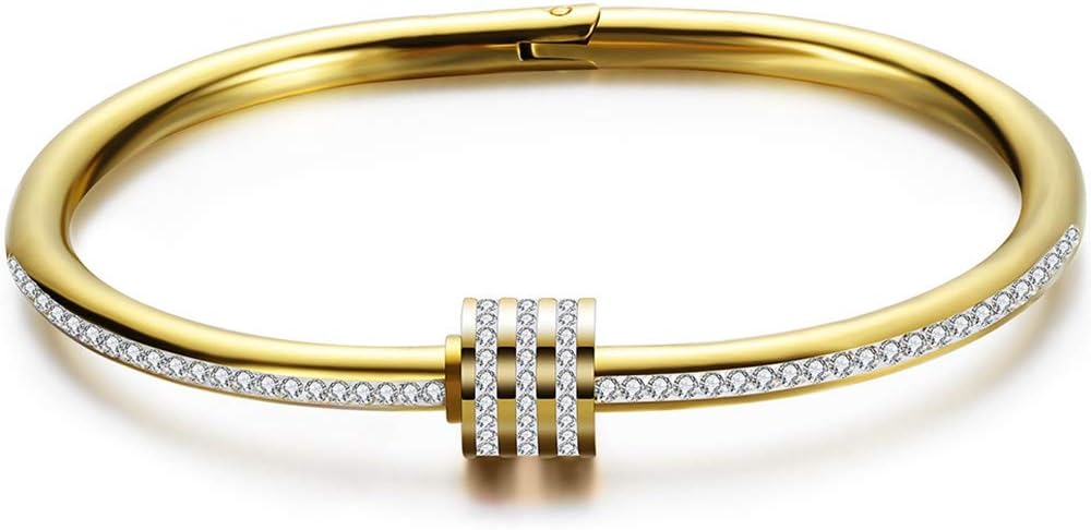 Jude Jewelers Stainless Steel Oval Shape Cubic Zircon Bangle Bracelet