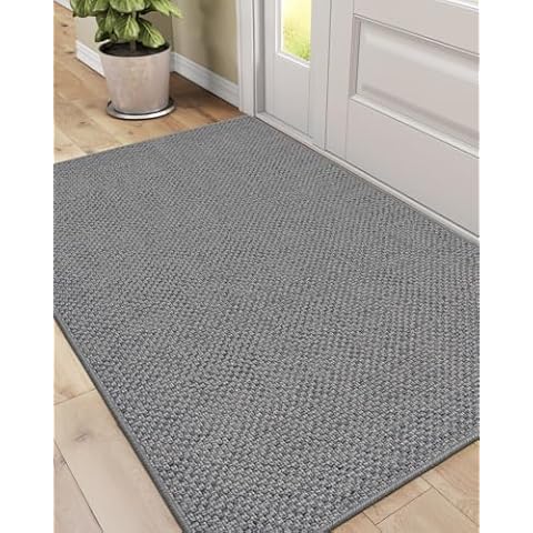 DEXI Indoor Door Mat, 32"x48" Ultra Non Slip Rubber Backed Dirt Trapper, Low Profile Thin Entryway Mat, Absorbent Easy Clean Entry Mats for Inside House, Patio, Grey Cover