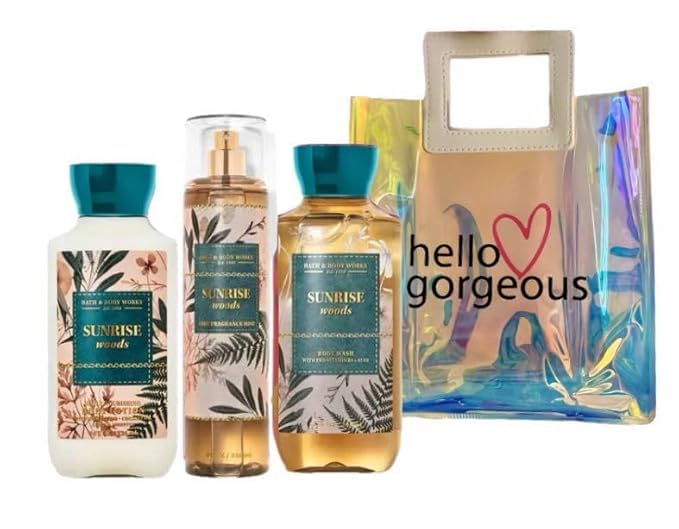 Sunrise Woods 3 Piece Bundle - Spray - Body Lotion - Shower Gel - Full Size and Hello Gorgeous Gift Bag