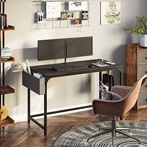 Image of 47 inch Computer Desk with Power Outlet, Home Office Desktop Table with USB Ports & Socket with Side Storage Bag & Iron Hooks (Black)