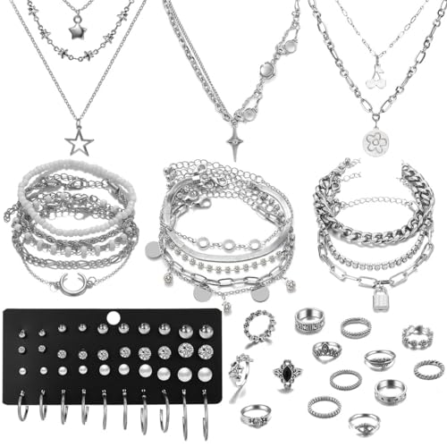 37pcs Silver Jewelry Set With 3 PCS Necklace, 14 PCS Bracelet, 7 PCS Ear Cuffs Earring, 6pcs Hoop Earrings,7pcs silver rings set For Women For Birthday Gifts