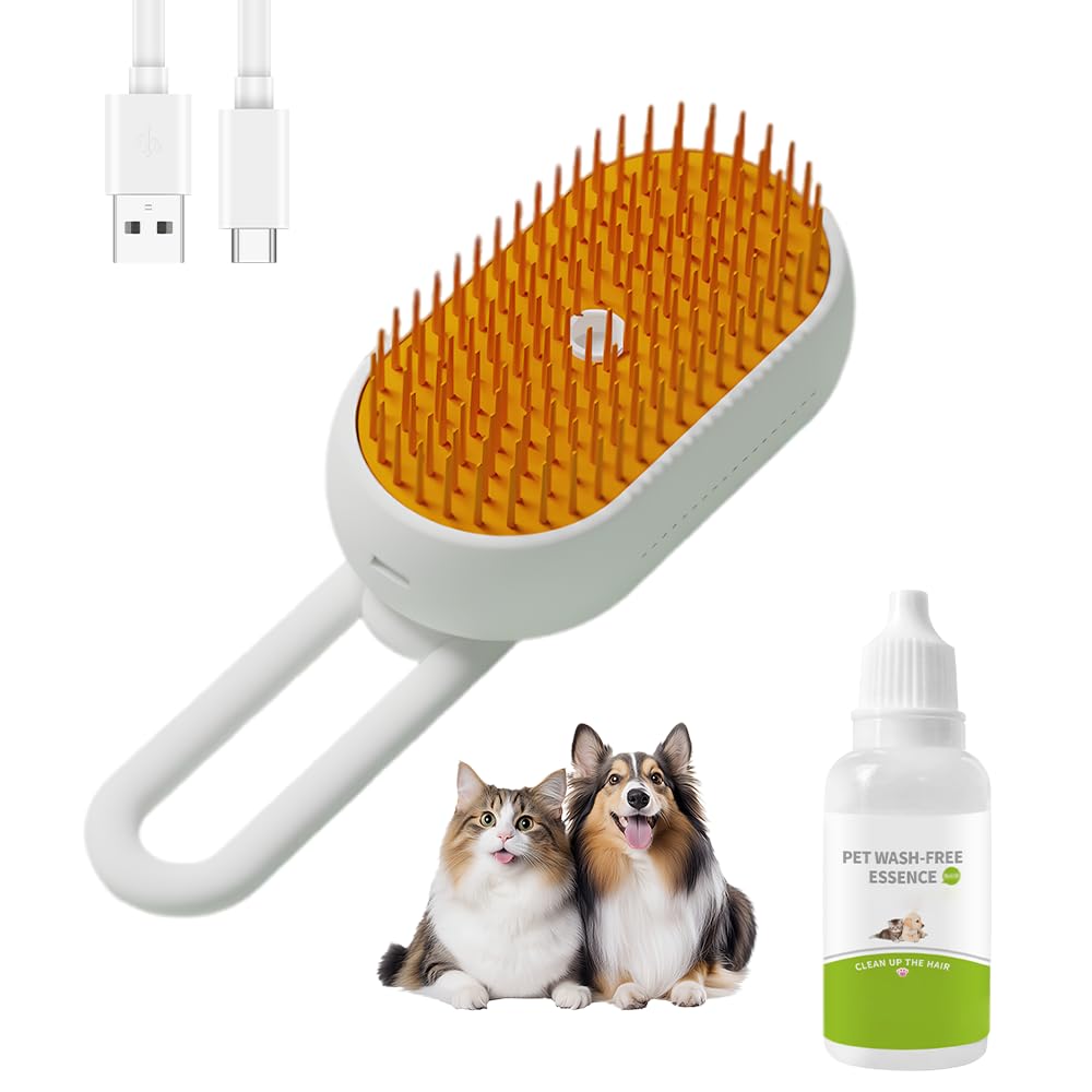 3-in-1 Steam Brush for Dogs and Cats, 2025 New Steam Pet Groomer Comb,Foldable Handle Steaming Cat Brush, Hanging Storage Steaming Brushes for Dogs (White+accessory)