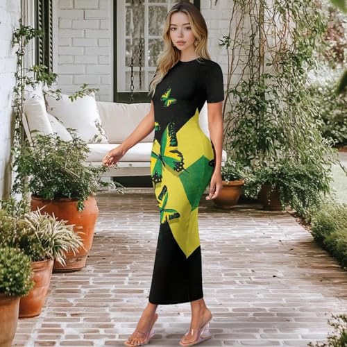 Image of Womens Short Sleeve Jamaican Flag Midi Bodycon Dress