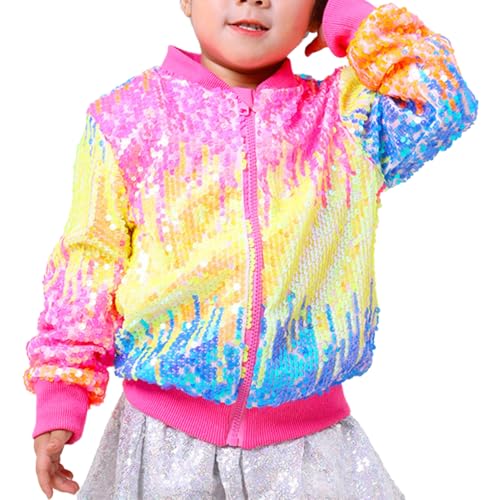 Kids Girls Sequin Bomber Jacket Zipper Gradient Varsity Jacket Coat Shiny Long Sleeve Dance Outerwear