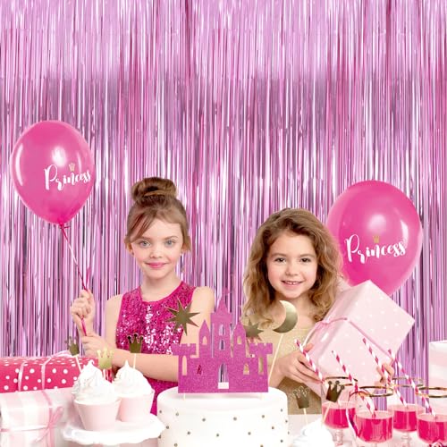 Image of Pink Party Decorations Backdrop Curtains 2Pack - 3.3x8.2FT Pink Backdrop Photo Booth Props Fringe Curtains - Hot Pink Birthday Decorations Streamers Barbie Party Decorations Princess Backdrop
