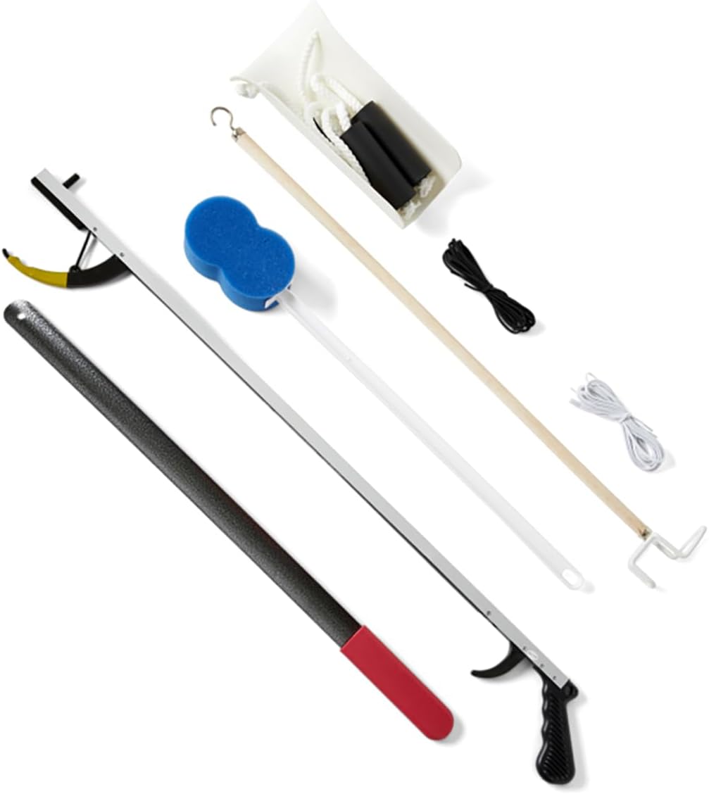 Medline Premium Hip Kit, Mobility Aids for Hip Surgery Recovery, 7-Pieces, 32" Grabber Reacher, Shoehorn, Sock-Aid, Dressing Stick, Shoelaces, Bath Sponge 32" Reacher