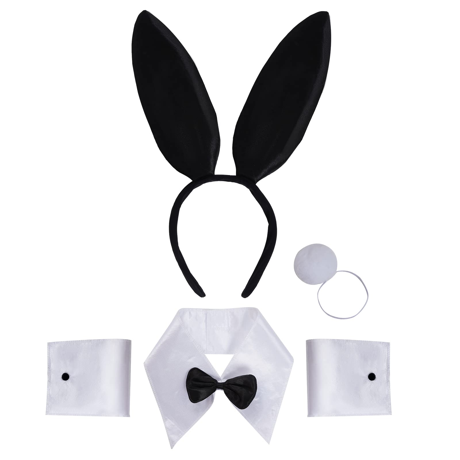 baotongle Bunny Costume Set Easter Rabbit Ears Headband Collar Bow Tie Costume Headband Bow Tie Cuffs Tail for Cosplay Party Halloween