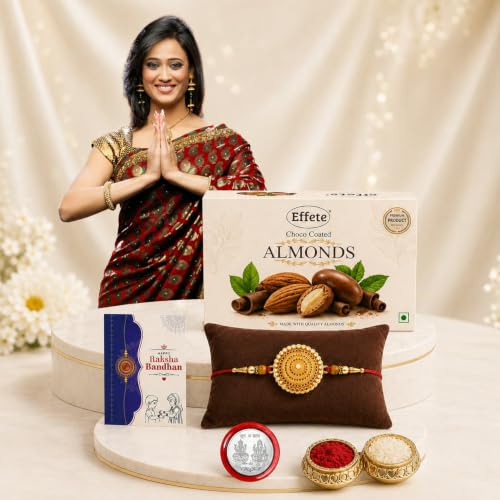 Image of DeoDap Rakhi for Brother with Chocolate - Round Shape Golden Color Rakhi with Almond Chocolate (32 GM) - Silver Color Pooja Coin, Greeting Card & Tilak Set - Tradtional Raksha Bandhan Combo