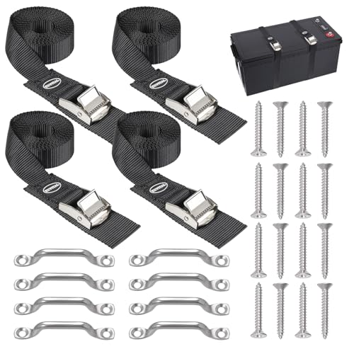 Image of EXVITAL Battery Tie Down Strap Hold Down Kit, 1 inch x 78 inch Cooler Tie Down Kit with Non-Rusting Cam Buckle, Stainless Steel Bracket & SS Screws for RV Battery,Luggage Belt (4 Pack)