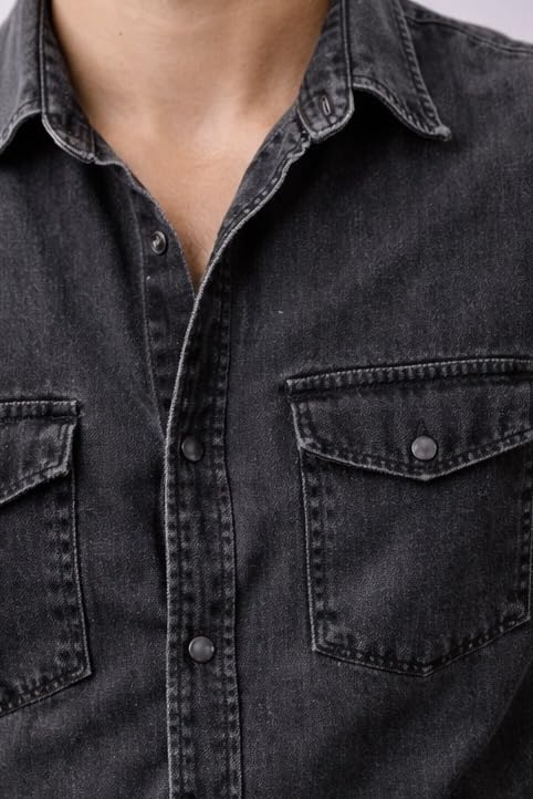 Image of Men's Slim Fit Western Denim Shirt with Dual Chest Pockets - Long Sleeve Button-Down Casual | Smart Casual Fashion Wear |Durable Tich snap Buttons.