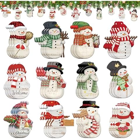 36 Pcs Christmas Snowman Ornaments Decoration Wooden Red Snowman Christmas Tree Hanging Crafts for Farmhouse Home Party Decor Holiday Xmas Party Supplies Merry Christmas Winter Cover
