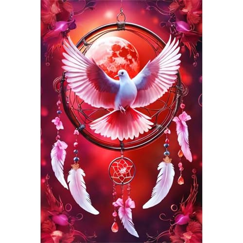 Diamond Painting Atrapasueños Paloma,Redonda Grande Diamond Painting Kit Completo,5D Pluma de ave Pintura de Diamante para Adultos DIY Bordado Punto de Cruz Artes Pintura para Hogar Decor 20x40cm