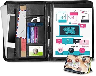 Leather Conference Folder A4 Padfolio Portfolio Zippered Writing Pad with Pockets and Card Holders for Resume Document and Notebook, 12.9 Inch (Black)