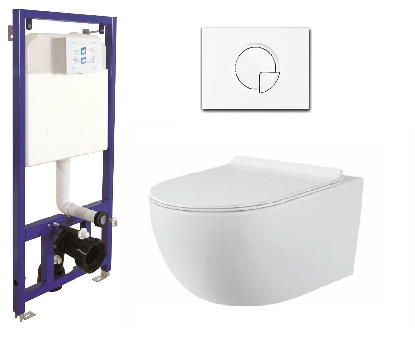 Juego completo de inodoro con asiento sin bordes, elemento de pared empotrable, cisterna de cerámica, color blanco/negro + placa pulsador (SD 1, blanco)
