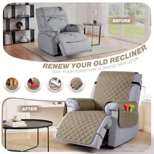 Image of TAOCOCO 100% Waterproof Recliner Covers, Reversible Recliner Couch Cover for Reclining Chair, Washable Couch Protector for Pets Kids (1 Seater, 22 inch Khaki)