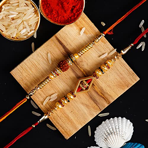 Image of eCraftIndia Set of 2 Rudraksha, Pearl Designer Rakhis for Brothers, Best Bro Ever Fridge Magnet with Roli Chawal Pack - Rakhis for Brother, Bhabhi, Kids