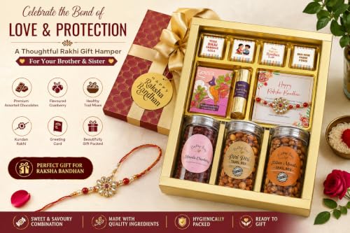Image of VELVET FINE CHOCOLATES Raksha Bandhan Gift Hamper for Brother & Sister with Assorted Chocolates, Cranberry & Trail Mix, Kundan Rakhi with Greeting Card | Premium Rakhi Gift Box