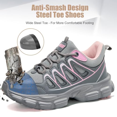 Image of Hogent Steel Toe Shoes for Women Men Wide Non Slip Work Sneakers Indestructible Shoes Lightweight Breathable Construction Sneakers Puncture Proof Ergonomic Design