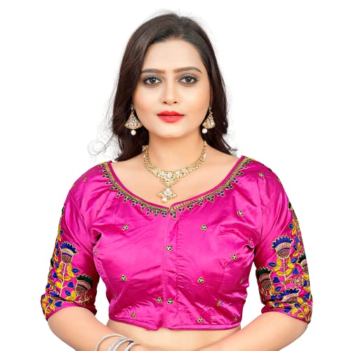 SCUBE DESIGNS Cotton Silk All Over embrodered Round Neck Cutwork Half Sleeves Saree Blouse Readymade Crop Top Choli for Girls & Womens Free Size (503)