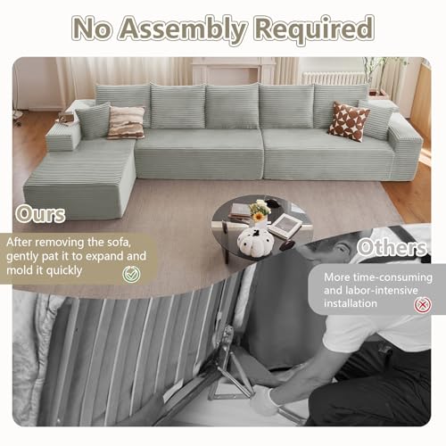 Image of 166.9 inch Cloud Sectional Couch with L-Shape Chaise, Modern Modular Comfy Sofa Chaise Longue, Upholstered Corduroy Couches Sleeper with Deep Seat for Living Room Bedroom, No Assembly Required, Grey