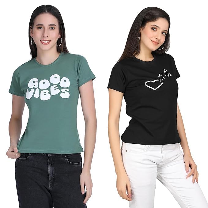 Image of Women's Slim Fit Graphic Printed T-Shirt | Soft 100% Cotton Fabric | Round Neck Half Sleeve Casual Top, Travel & College Pack of 2 Set