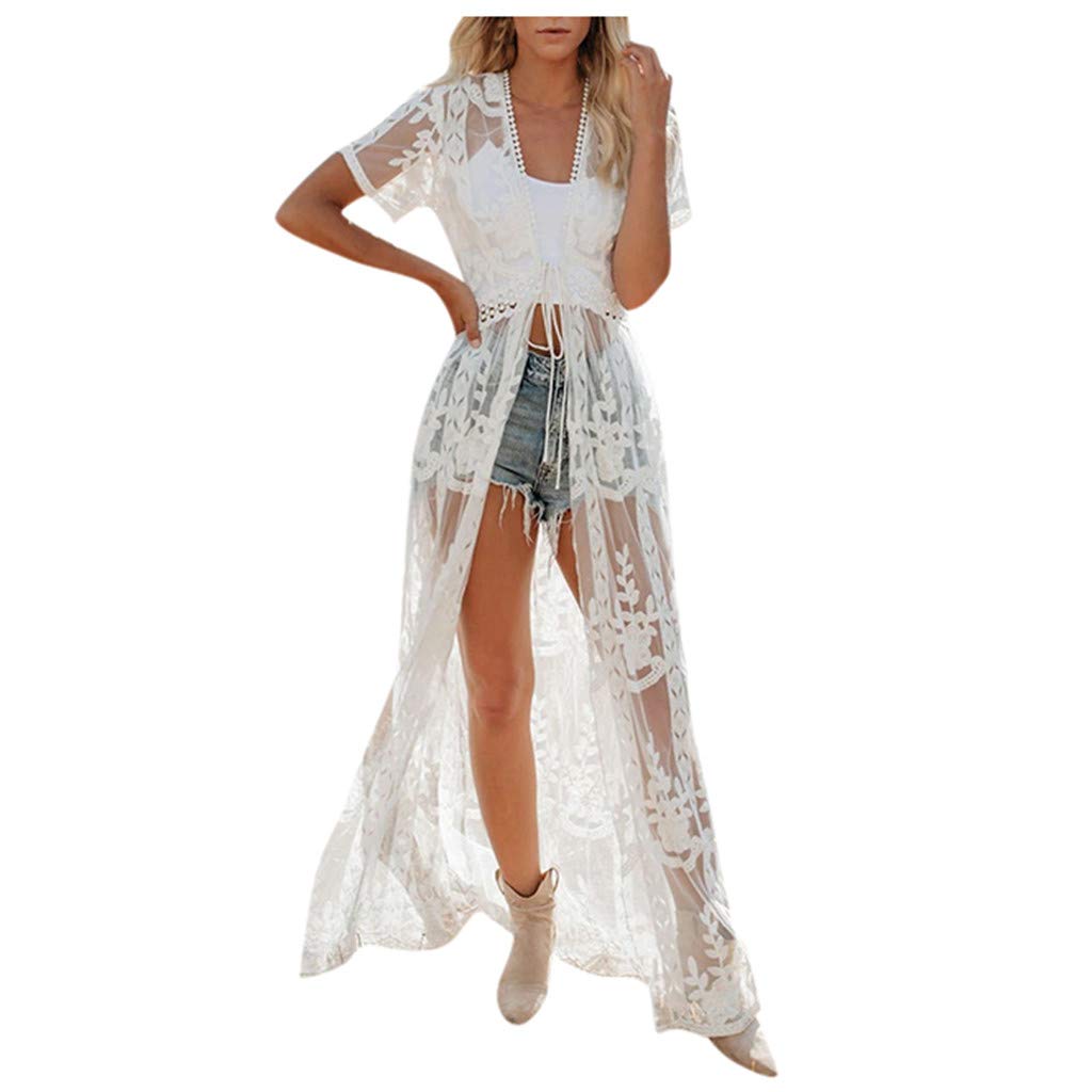 Anliyou Bademode Strandkleider Damen Lang Pareos Lace Spitze Lang Sommerkleid Durchsichtig Strandkleider mit Schnürsenkel Strandmode Strandbekleidung für Bikini Urlaub