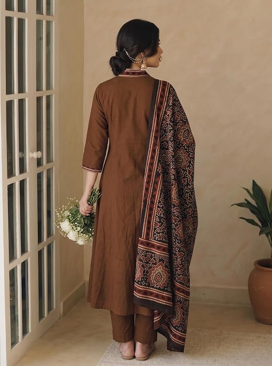 Image of ANNI Designer Viscose Blend Printed A-Line Kurta with Pant and Dupatta for Women | Viscose Blend Brown | 3 /4 Sleeve | V-Neck | Ethnic Wear Casual Wear