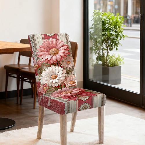 Image of Nuxovilar Pink Daisy Red Ribbon Milk Silk 23.6x66.9in 4PCS Covers | Stretch Slipcover Floral Protector Flower Wrap Seat Guard Dining Room Brunch Event Home Gathering (Pink Daisy)
