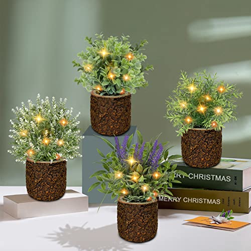 Aofeng LED Potted Fake Plant Artificial Plants with Lights Potted Faux Plant Set of 4 for Home Office Desk Room Farmhouse Wedding Christmas Indoor Decoration (NoÂ Battery)