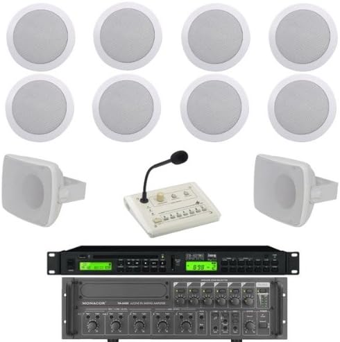 8 Ceiling Speaker Kit with Amplifier, CD/MP3, Paging Mic and 2 Outdoor Speakers