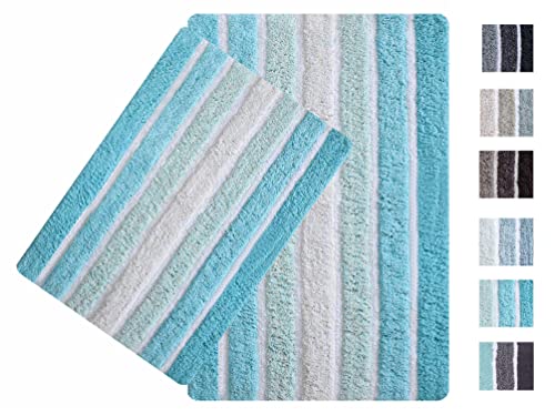 Ramanta Home 2-Piece Cotton Alpine Stripe Bath Rug Set - 100% Cotton Bath Mat Rug - 21x32/17x24 - Soft Absorbent Machine Washable - Aqua Turquoise