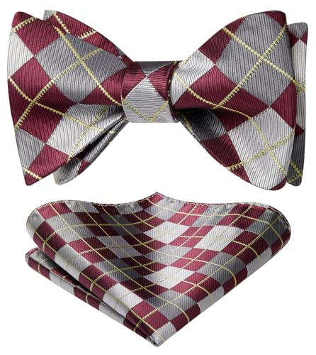 HISDERN Burgundy Bow Ties for Men Check Plaid Self Tie Bow Tie and Pocket Square Classic Formal Bowtie Tuxedo Wedding Bowties Handkerchief Set