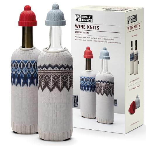 Image of Monkey Business Wine Knits Bottle Stopper and Sleeve Set - 4 Piece Silicone and Neoprene Insulated Wine Accessories Pack for Temperature Control and Freshness, Winter Knit Themed Dining Gift Set