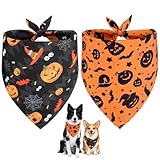 Vivifying Halloween Halstuch Hund, 2Pcs Einstellbare Dreieck Hundehalstuch mit Hexe Kürbis-Muster, Hundekostüm Halloween für kleine mittlere große Hunde L
