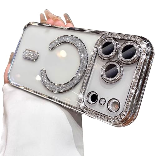 AuroiCCY for iPhone 17 Pro Max Case Magnetic, [Compatible with MagSafe] Women Cute Clear Glitter Bling Diamond Rhinestone Sparkly Case Camera Lens Protectors Plating Cover 6.9'' 2025, Silver
