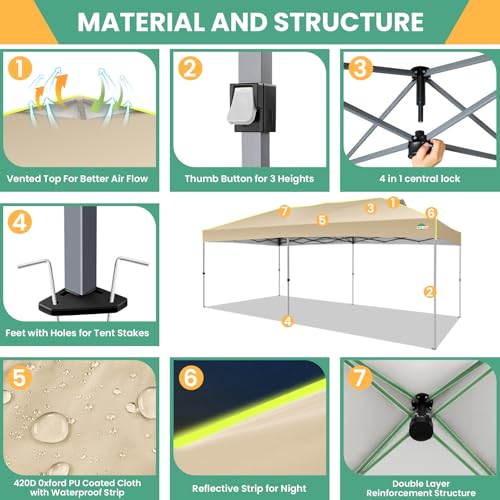 Image of COBIZI 10x20 Pop Up Canopy Tent, Outdoor Party Tent Without Sidewall One Push Setup Glow, 3 Adjustable Height Air Vent Waterproof UPF50+, Bag, 4 Sandbag, 6 Stake, 12 Rope for Beach, Commercial