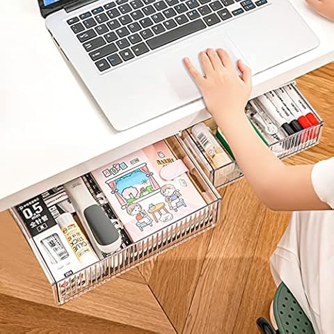 2Pcs Under Desk Storage Drawers Slide Out,Large&Medium,Stick On Desk Drawer Under Desk,Under Desk Organizer Hidden Under Table Drawer for Home Office School Organization and Storage-Clear White Cover