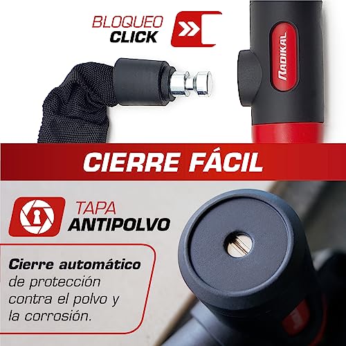 RADIKAL RKX170 Candado Bicicleta Antirrobo, Cadena 170cm de ø8mm Acero Cementado y Cerradura con Llave Alta Seguridad, Más Extensa, Antirayones, Antirobo Polivalente para Bici, Moto, Scooter Patinete - imagen 4