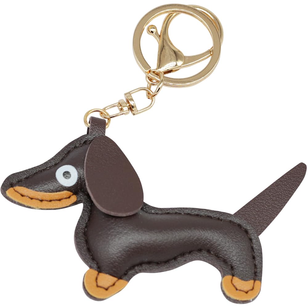 Moydolo Unisex Dark Brown Leather Dachshund Keychain Bag Pendant Cute Puppy Sausage Dog Key Chains Charm Keyrings For Men Women Boys Girls