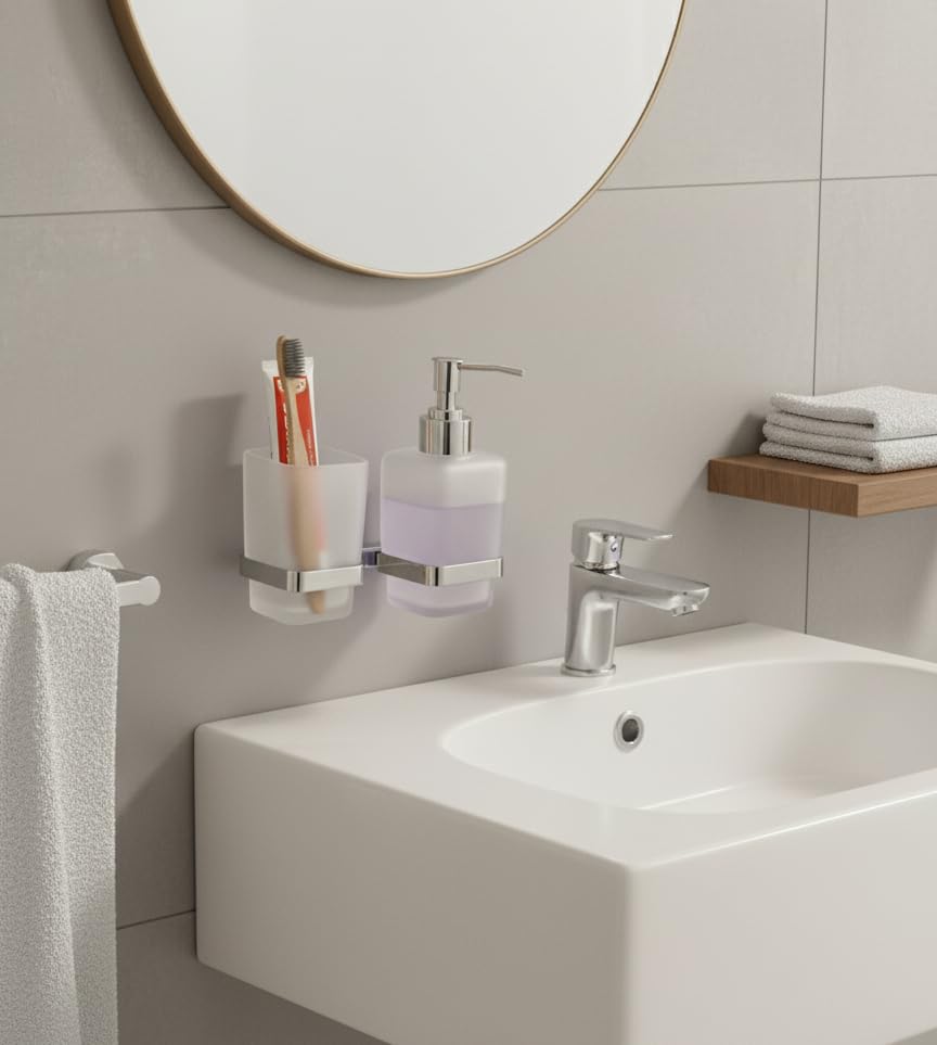 Image of Stainless Steel Toothbrush Holder with Glass Tumbler & Liquid Soap Dispenser Set - Wall Mounted 2-in-1 Bathroom Organizer, Chrome Finish (Square /Frosted Glass) (E 2712)
