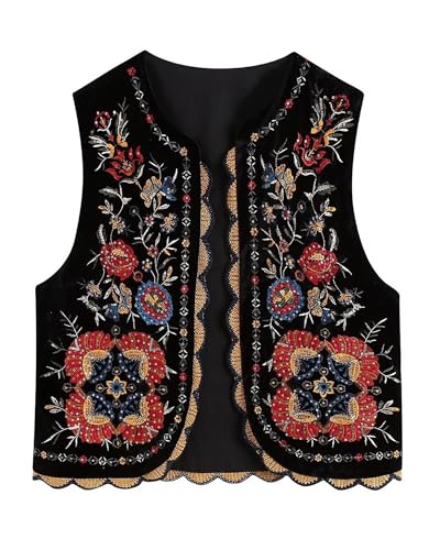 SANSIWU Damen Vintage-Stickerei Blumenweste, ärmellos, Pailletten, Oberbekleidung, Cardigan, Weste, Leinen, Streetwear, C-schwarz, S