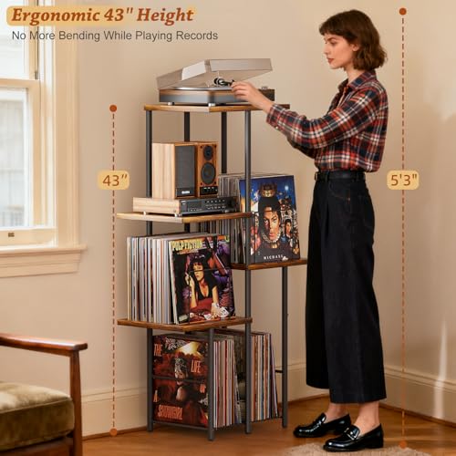 Image of Record Player Stand, Vinyl Record Storage Holder with Display Shelf, Turntable Stand Table with Vinyl Organizer Dividers Album Rack, Vintage Style Record Cabinet Wood, Mid Century Modern Tall Console