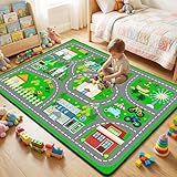 Car Rug Play Mat - Green Road Rug for Kids Boys Room, Fun Race Track Traffic Road Carpet for Boys Playmat Educational Learn, Car Carpet for Kids Room Decor Playmat Bedroom Playroom, 2.5x4 Feet