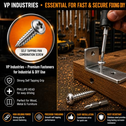 Image of By inchVP INDUSTRIES inch (Pcs-25) No.2x9.5 mm Pan Head Combination Phillips-Slotted Self-Tapping Screw - Stainless Steel, High-Tensile for Wood, Metal, Furniture & DIY Applications